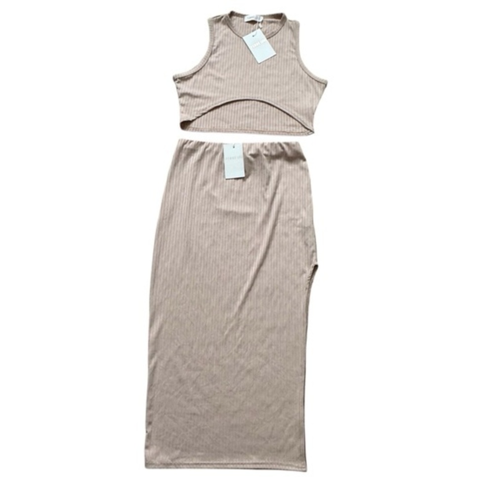 Amazon Y2K Femme Luxe Tan Stretch 2 piece crop skirt set Large